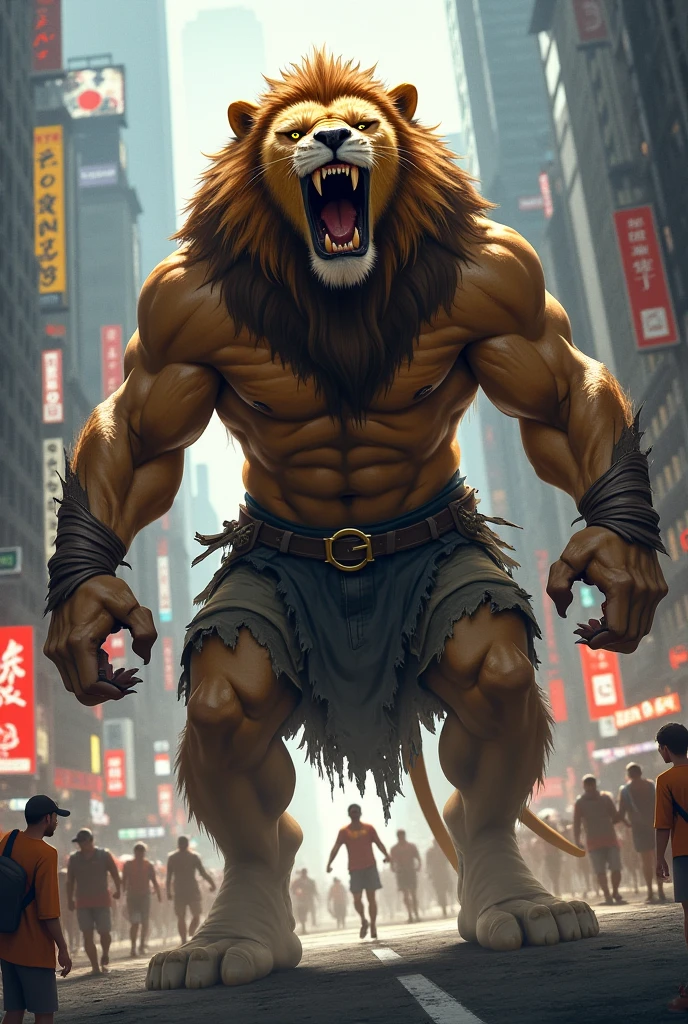 ((raw photo)), ((masterpiece)), Anthropomorphic humanoid lion bodybuilder, shirt, coat and pants, walking among people, intricate detail, intricate parts Greebles, 12k, city behind, muscular arms, tail, head small, giant trapeze, monstrous ogre, titan, soft lighting