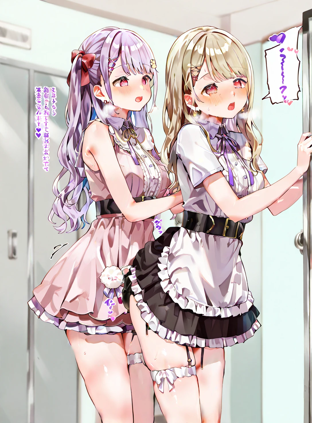 ((2 girls))、((smile))、blush、black shirt、blouse、((fun))、(small breasts)、Chirarism、single braid、((white apron:1.5))、((maid))、((hair ornaments)), thighs, 壊す in house, ((in house:1.5))、 BREAK looking at viewer、torn skirt,(grab the skirt:1.0)、 (perfect hands, perfect anatomy),cowboy shot、((shaved pussy:1.5))、(skirt that rolls up:1.3)、(Highly detailed labia fully exposed:1.5)、(Photo seen from below:1.3)、skirtlift