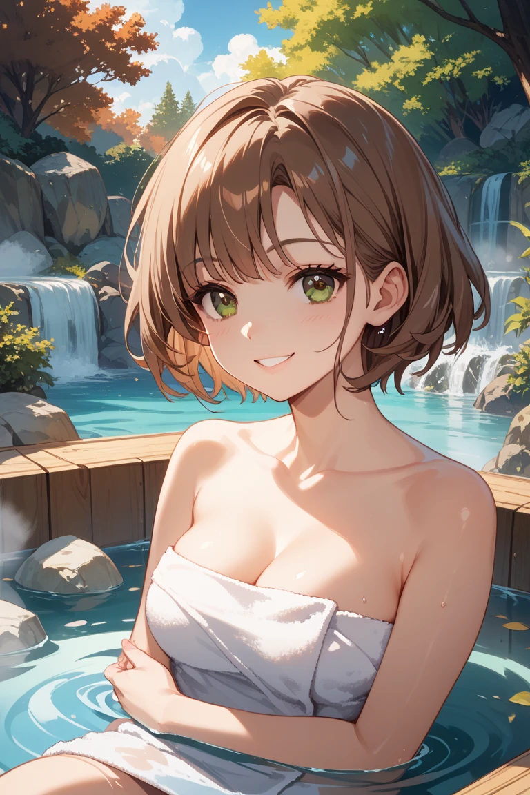 high definition, 8K, detailed face, grabbing her breast, showing her breast, Ochako Uraraka from My Hero Academia, Deep brown eyes, (((breast covered with towel)), spa, (large breasts)), slim and thin, body of equal proportions, ((focus on her breast)), front view, four fingers and 1 thumb, ((2 hands)), Brown hair, Beautiful smile, Smiling at viewer, blushing cheeks,