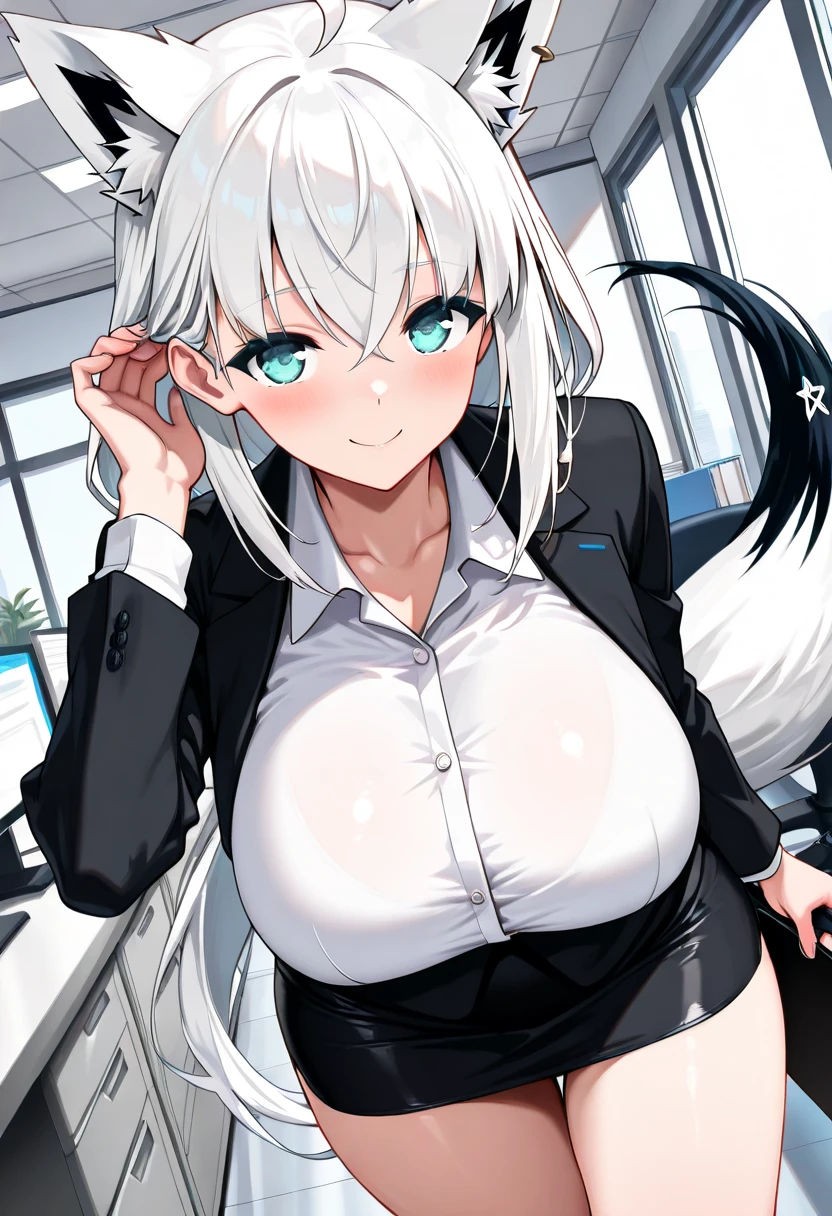 NSFW,masterpiece,Highest quality,High resolution,Super detailed,Shirakami Fubuki\(Hololive\),Gray Hair、One-sided braid、Ahoge、Earrings,Fox ears,Fox tail,nurse,Pink vinyl nurse uniform,Nurse cap,Stethoscope,Embarrassed,blush,Expecting face,Bewitching Smile,Sexy look,Hospital at night,Examination room,desk,pc,Chair,(Seduce),Cleavage,examine,Chairに座っている,From the side
