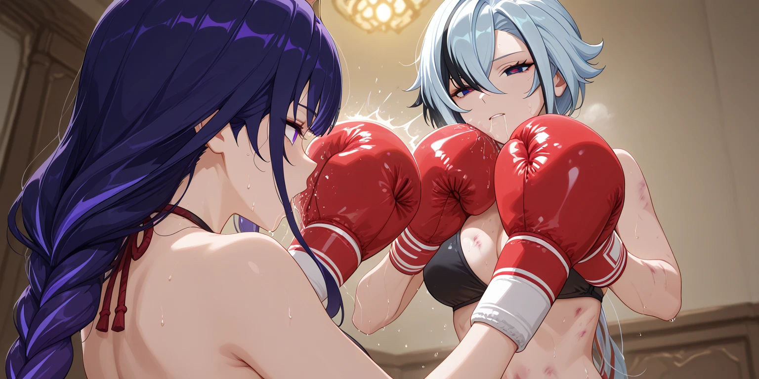 Boxing action A woman wearing a Chinese dress is boxing in the ring. The woman on the right hits the woman on the left in the cheek... The woman on the left is Akane Kurokawa〔My Favorite Child〕has his right eye closed, opening her mouth, and sweat.