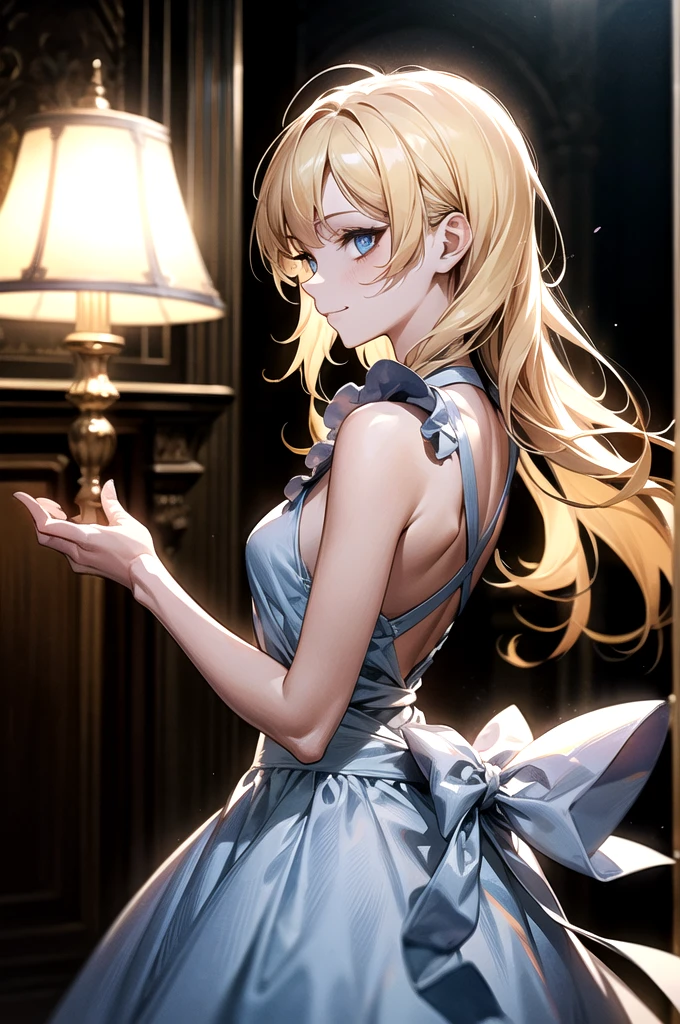 Reines, 1girl, high quality, best quality, illustration, masterpiece, (highly detailed:1.2), (extremely detailed:1.3), small breasts, sleeveless, young girl, white dress, white, backless, string ribbon, petite, in a house