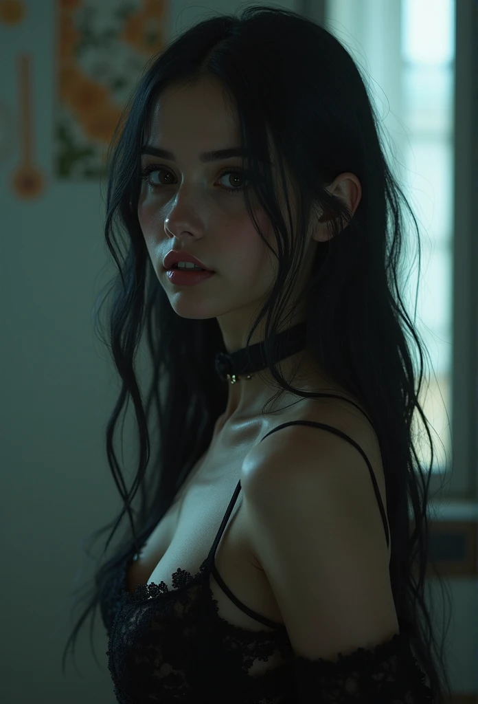 ((mejor calidad)), ((Obra maestra)), (detallado), 1 chica, suéter con hombros descubiertos, white woman in a black dress posing for a picture, cynthwave, with pale skin, pale fair skin!!, she has black hair with bangs, promo shot, pale goth beauty, pale skin and dark eyes, shag hair, black hair in a rough shag, shaggy hair, wolfcut, shoulder lenght hair, photo from a promo shoot, with bangs, profile shot, black bangs, sophie thatcher!!!! sophie thatcher from yellowjackets, sophie thatcher from chicago med, Sophie Bathsheba Thatcher, sophie bathsheba thatcher from the boogeyman, blue eyes, green eyes, light eyes,