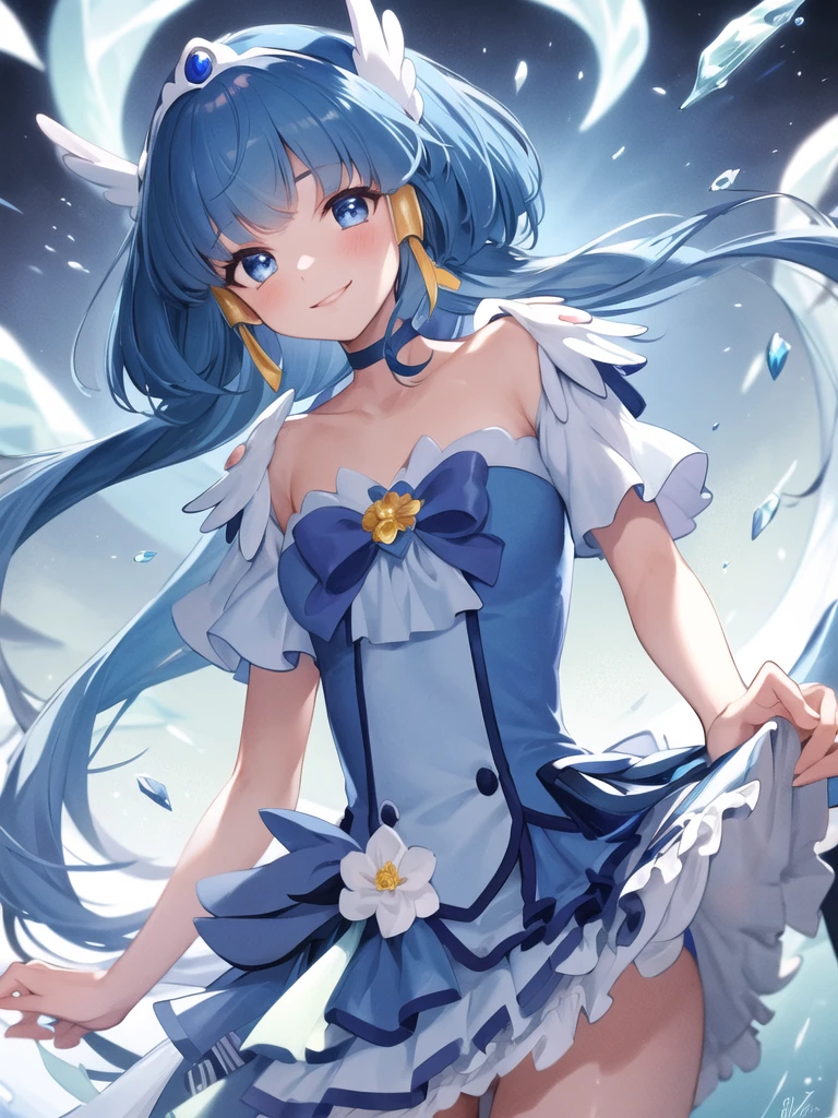 gorgeous anime fairy, in a dark forest, gwen from league of legends, gorgeous blue and white sensual gala dress, sensual pose