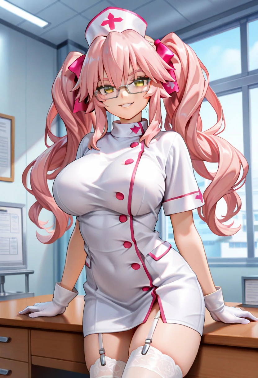(1girl), light pink hair, open-chest seduction, female nurse, bangs, big breasts, glasses lady, (full), slim, smile, [wide hips], hospital, standing, aru \ (blue file), 8K quality,