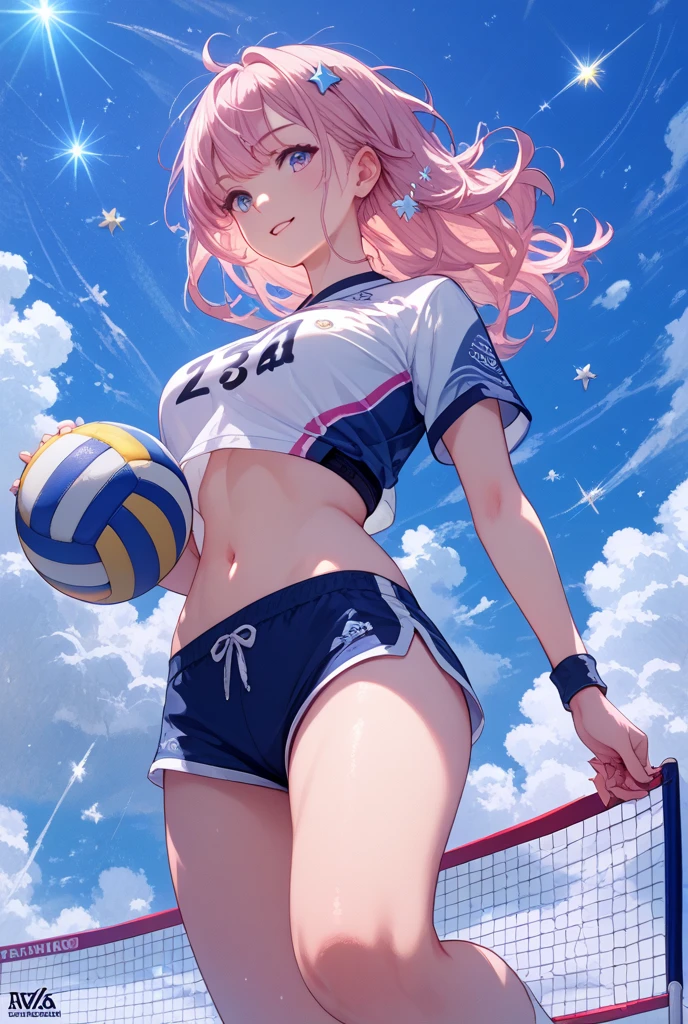 Ultra realistic 7 year old girl, pigtail hair pink, top medium breasts, sexy, smug face, sonrisa, posando, school gym, back view, voltea mirando hacia el frente, mojada, sudada, concentrada, volleyball, tight panties, inclinada, sport bra