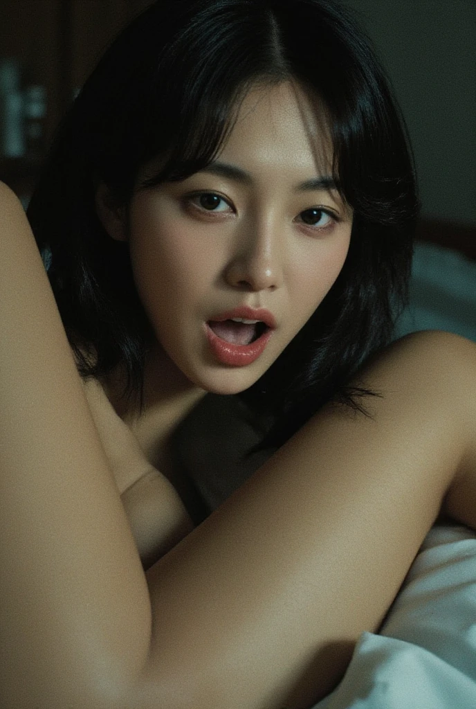 Surreal、High resolution、8k wallpaper、Very detailed、Best illustrations、Beautiful and detailed eyes、highest quality、Ultra-detailed、masterpiece、Detailed face、solo、One Girl、Looking at the audience、Detailed face、Dark Night、Laughter、short hair、Straight Hair,At dusk,bedroom、Sleeping on the bed、Being watched by others、18 year old beautiful girl,cute,,Completely naked,low length、 body、Very small breasts、Flat chest、Small breasts、Cherry-colored areola、Erect nipples、Narrow waist、Shaved,Natural soft light、whole body、Spread your legs wide and show off your private partasturbating by yourself、Inserting fingers deep into vagina、Ecstasy Face、Semen dripping from the vagina、Semen dripping from the mouth、Semen is all over the body