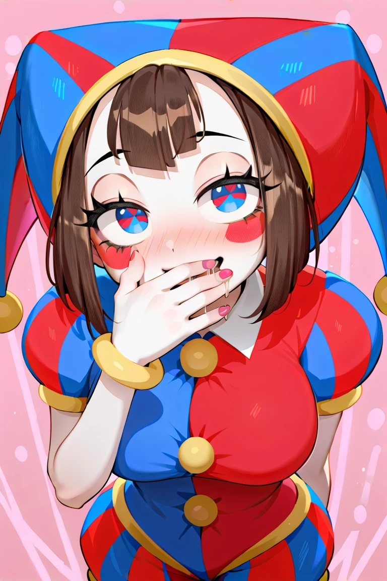 pomni,1girl,big breasts,cleavage,looking at viewer,solo,brown hair,big eyes,symbol-shaped pupils,clown,jester cap,multicolored headwear,puffy sleeves,short sleeves,blue_gloves,red_gloves,mismatched_gloves,pale skin,fidgeting,blush,sweaty skin,curvy,cuteg,cartoonized,circus,curtain,red theme,spotlight,red_background,<lora:Role_pomni_v2.0:0.6>,kneeling,pov,from above,close-up,fisheye,<lora:NSFW_MS_Real_POV_Blowjob_v1.0:0.6>,penis,hetero,1boy,fellatio,oral,solo focus,