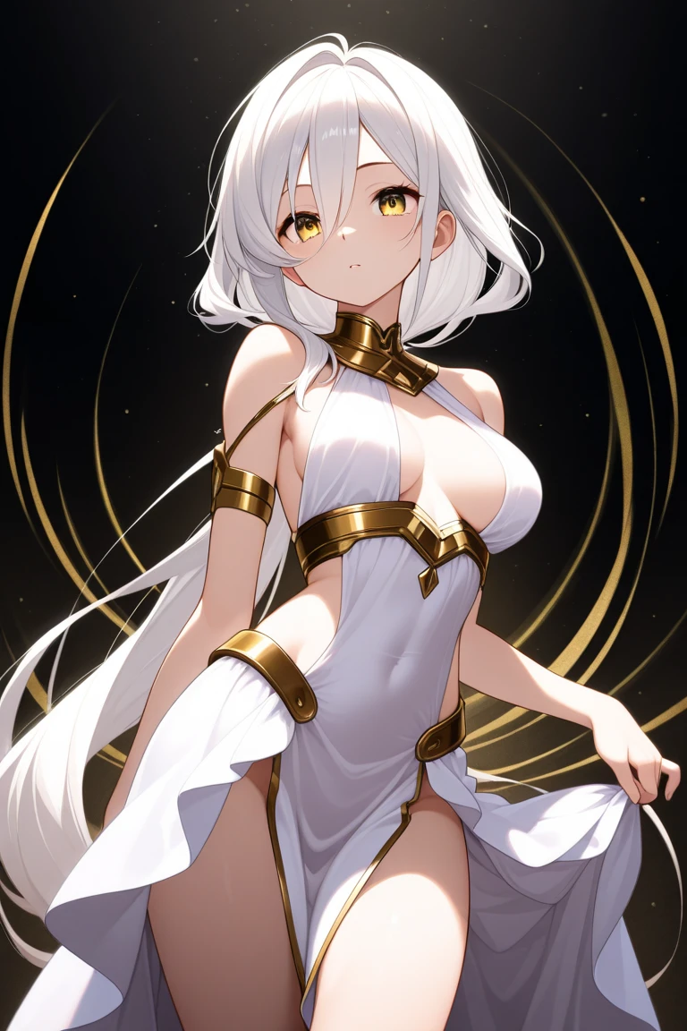 Best Quality, Masterpiece, detailed,
GranartNeedakita,
1 girl, Closed mouth, SMILE,
Dark skin, by white, very long hair, yellow eyes, slit pupils, cat ears,
egyptian clothing, collar, golden ornaments, halter neck, armor, neckline,
standing, looking at the viewer, (in front of the viewer:1.2), hands on one's hips,
arena, stone