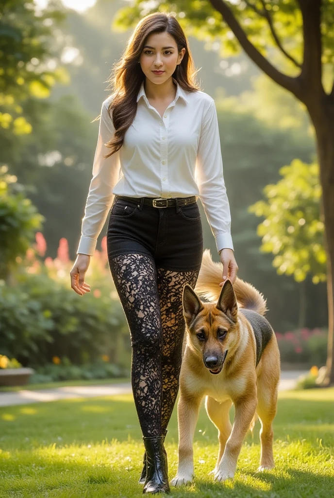 Very charming sexy 20 year old girl. (large bust, Ideal model figure) with a backpack and a cute ultra-realistic border collie puppy, enjoying a beautiful spring walk surrounded by beautiful yellow flowers and nature. Sexy hiking fashionable black suit. The illustration is a high-definition illustration in 4K resolution with very detailed facial features and visuals...