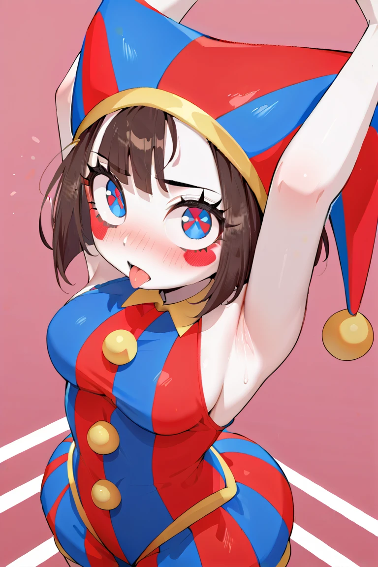 a cartoon picture of a woman with a clown hat and a clown mask, cutecore clowncore, y 2 k cutecore clowncore, harley queen, of harley quinn, jester themed, harley quinn, insanely inflated hips, fata morgana giant mirrors, goth clown girl, comic artwork, clown girl, big cheeks, short cartoon strip pomni pecho muy grande enormes tetas