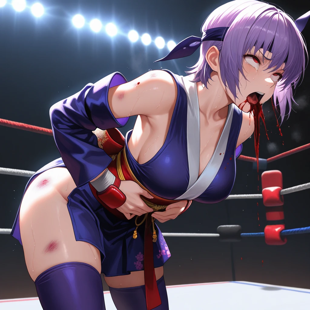 1girl, purple hair, raiden shogun, wearing karate uniform with short sleeves, angry stare, standing on left leg, strong right leg high kick, high kick, right foot lifted above head-height, soles facing viewer, accurate foot, barehands, barefoot, fighting stance, martial arts, intense battle, barehand fighting contest, in a boxing ring, facing viewer, fit full body in picture, perfect anatomy, (best quality,8K,high resolution,ultra-detailed,masterpiece)