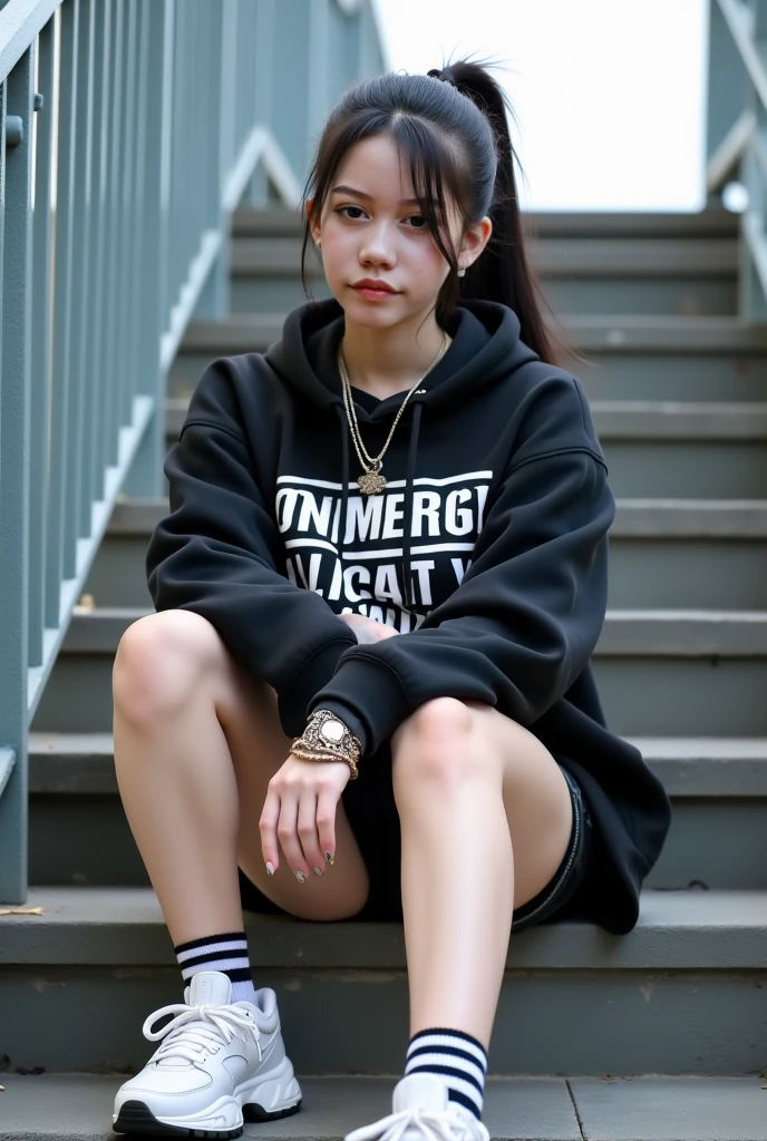 Ultra High Quality, High resolutionであり, 8K, ((highest quality:1.5))、(masterpiece:1.4)、Raw photo、8k，、Realistic、Photorealistic、((Best image quality))、 ((High resolution))、Realistic human skin、「((Reproduces even the pores of the skin1.8))」，「((Clear enough to see pores))」,  (One Girl:1.3 )，1 Girl, (Cute Japanese Girl)、(Very short hair:1.4)、Age 10, (((13 Talents)))，(boyish)、((mannish))、((Young body type))，average body shape，（（（Girl wearing black hoodie、leggings、skirt、10 Hole Leather Boots）））,(Absolute area)
