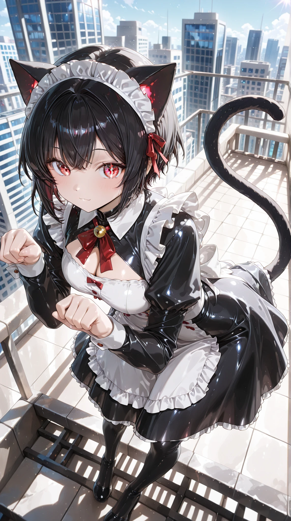 18-year-old boy,cute,Wear the maid outfit and a black work tie,Wear a maid hat,Wear cat ears,Wear black pants,Wear black booties,Wear white gloves,Black hair,Black eyes,blush,sweat,porn pose
