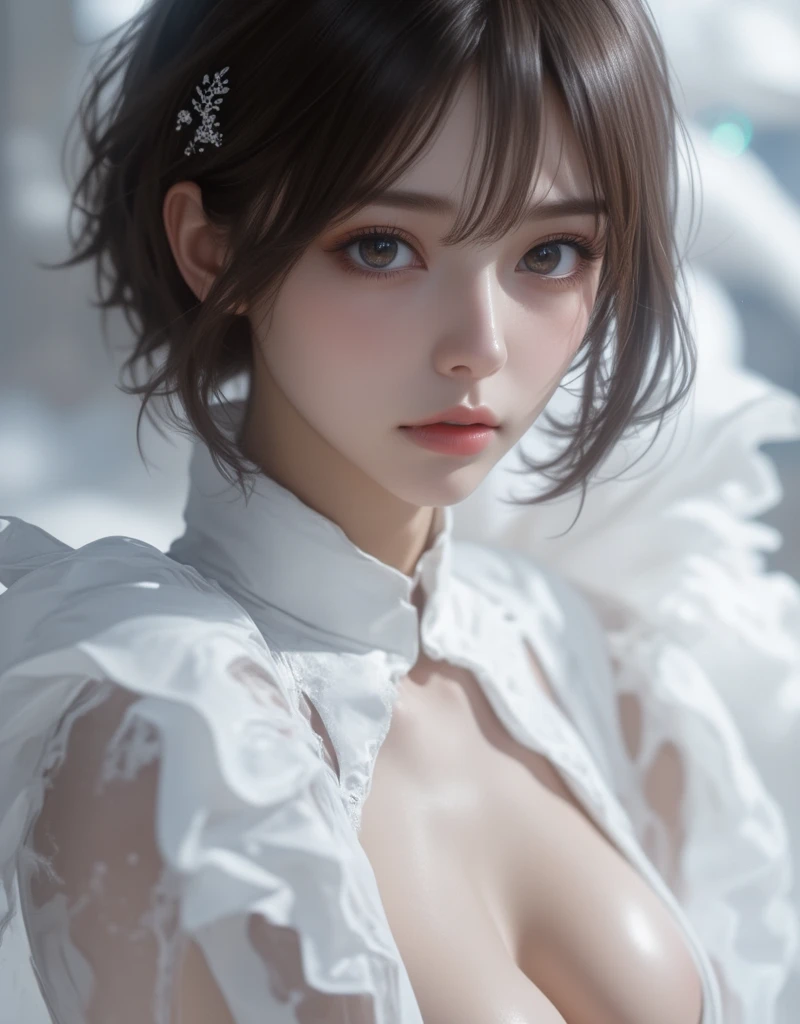a 20 yo woman、A dark-haired、(Shortcuts for 7 and 3 departments:1.3)、dark themed、Muted Tones、Subdued Color、highly contrast、(natural skin textures、Hyper-Realism、Soft light、sharp)、(masuter piece:1.3)、(8K、Photorealsitic、Raw photography、top-quality: 1.4)、Beautiful expression、(Lifelike face)、Beautiful hairstyle、realisticeyes、Beautiful details、(real looking skin)、Beautiful skins、(White lace bodysuit)、absurderes、enticing、超A high resolution、A hyper-realistic、high-detail、the golden ratio、medium breasts、super model