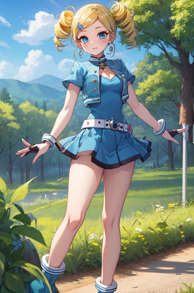 ppgzbb, blue eyes, Blonde, Twin Drill, Hair Clip, Earrings, Best, Blue leotard,Blue Skirt, Short skirt, boots, Are standing, forest