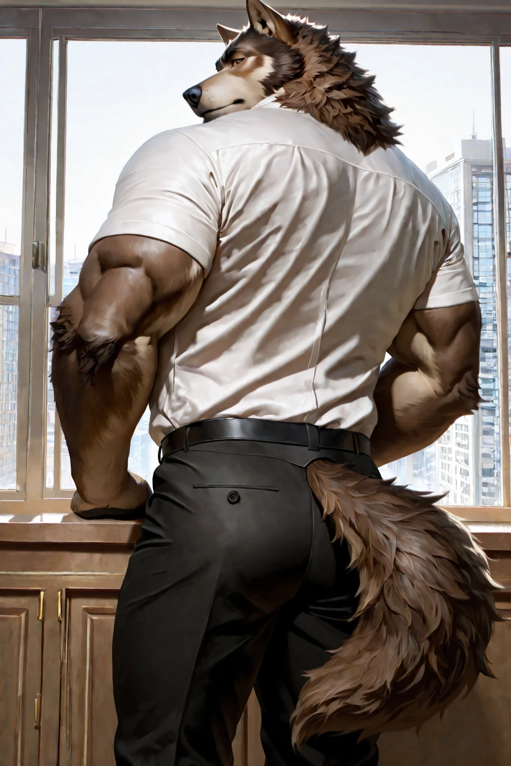 Bowser, beard, daddy, seductor, mirando al espectador, smirk, pecs, big pecs, (posing) macho, masculine, male focus, chubby, fat, de cerca, standing, back view, full body, office, sweaty, hairy chest, hairy arms, hairy belly, hairy legs, hairy feet, big bulge, seductive smirk, hairy back, bare butt, hairy butt