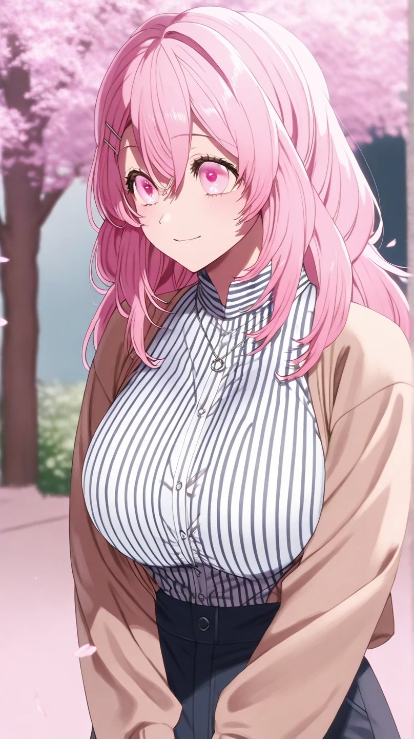 2D, masterpiece, top-quality, animesque, ighly detailed, 1girl in, 独奏, cowboy shot, Nakano Nino, A pink-haired, butterfly hair ornament, Black cardigan, shirt with collar, Green skirt, Skirt lift to lift yourself, Show off panties,Sexy purple panties,Schools, plein air, Huge breasts,Poses they are not aware of it, a smile( NSFW., pantiy.)