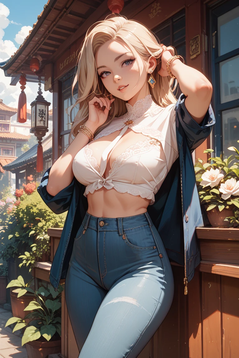 top-quality、Top image quality、masterpiece、girl with((18year old、 Beautiful Aloha Shirts、Black bra、Blue long trousers、Best Bust、Bust 85、a blond、Semi-long、Blue eyes、open chest wide、Valley、Happiness、A slender、Troubled face、Gold Earrings、Silver Watch、Hold hands with your audience))hiquality、Beautiful Art、Background with((movie theatre)、masutepiece、Elaborate design、visualart