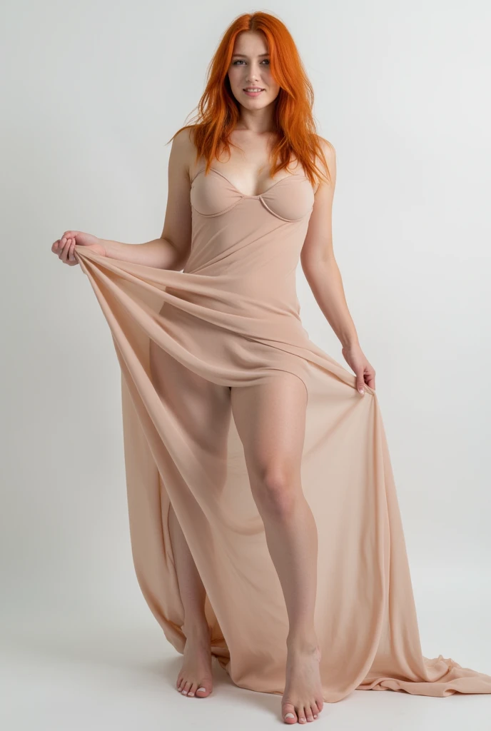 NSFW - Full-length, full-body NUDE photograph in studio of young redheaded model. She's posing for a sculpture, fully nude. Dramatic studio lighting from the sides accentuates her slender athletic but feminine physique. Photo is made on plain white background.