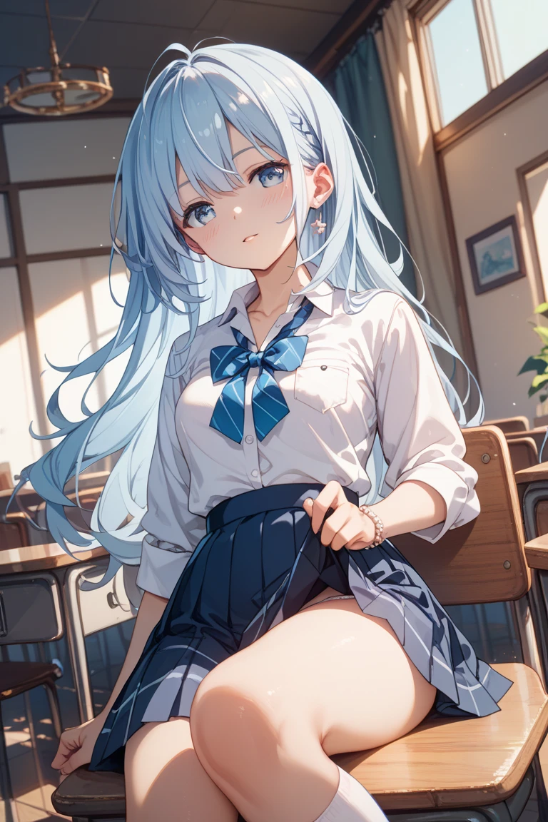 (8K, Highest Quality, Masterpiece:1.3)), Ultra High Resolution, (1 Girl, Solo), (Color Changing Eyes, Highly Detailed, Expressive Sparkle, Sparkling Eyes), Highly Detailed Eyes, Highly Detailed Face, Random Hair, (Silver Grey Color), Hair Clips, (Cheerleader), Skirt Lift,(cute panties:1.1), (Embarrassed Expression:1.2), (Classroom, Sunset:1.3), angle for below, (have to Pee:1.6),