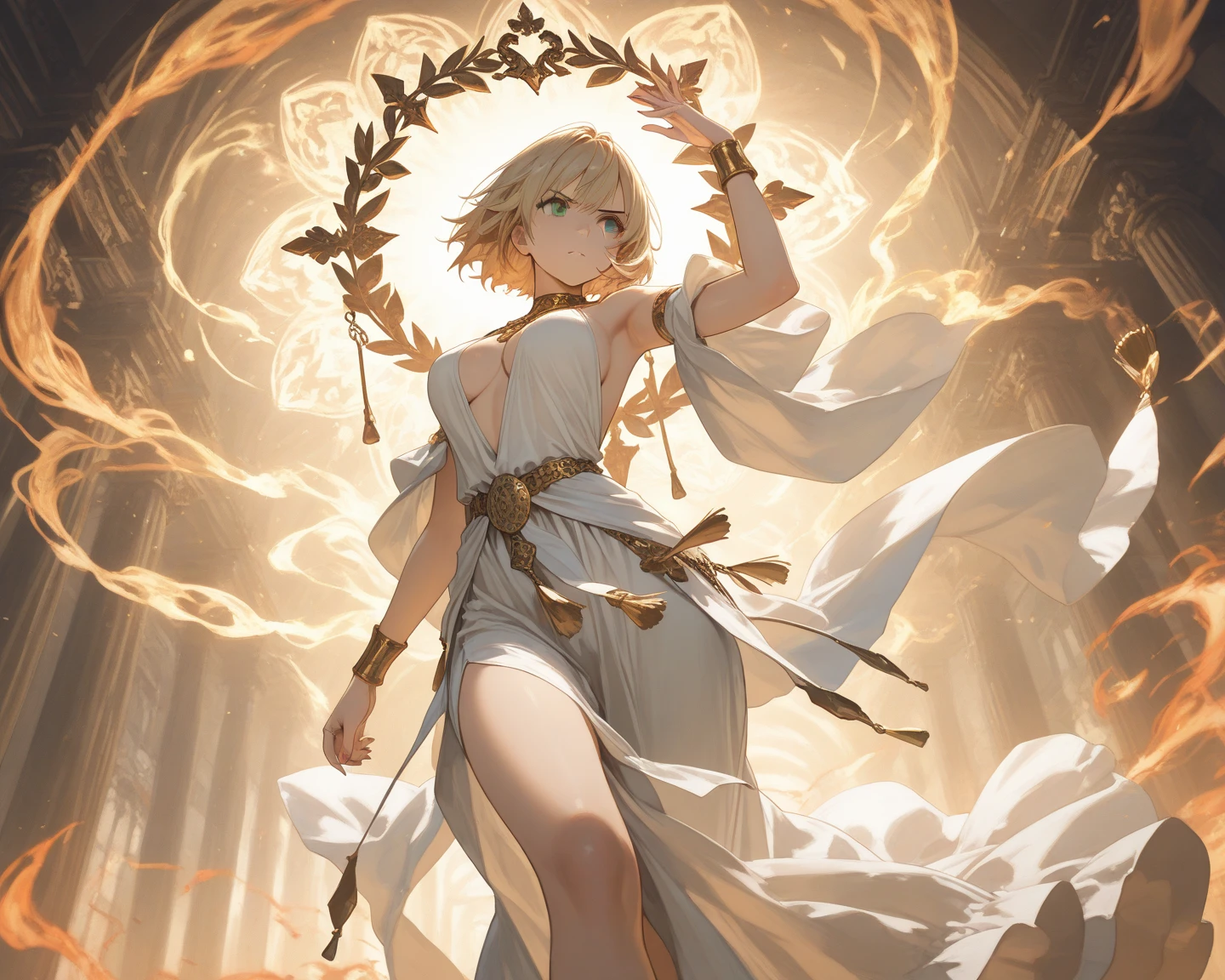 Greek clothing, Peplos, One person, alone, arms, Long Hair, bow \(arms\), Holding, Holding bow \(arms\), Hello, Arrow \(Projectile\), Holding arms, gladiator Sandals, Blonde, jewelry, Sandals, star \(symbol\), chest, bracelet, Manicure, Green Eyes, Closed-toe footwear, High heels, bangs, whole body, Outstretched arms, Underarm, medium chest, Arrow tube, Both sides up, Bracelet, drawing bow, Holding Arrow, toeManicure