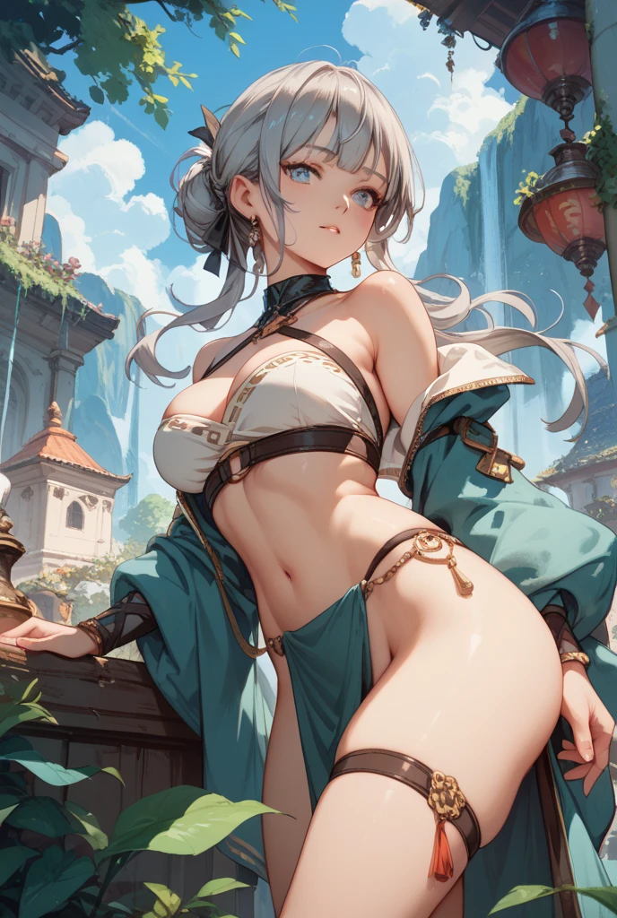 nahidadef, upper body, smile, blush, outdoors, day, simple background, arm up, basket, blue sky, short hair, sky, temple, looking at viewer, stairs, mountain, moody lighting, sexy pose, (NSFW), anime, anime screencap, gigantic breasts, huge breasts, woman wearing full bodystocking, necromancer, raven, MILF, (very large breast), milf, (mature female), gloves, earrings, navel focus, capes, Elegant body, curvaceous but thin, the woman have beautiful detailed eyes, detailed textures, otherworldly ruins, fantasy, RPG, Dark atmosphere, extreme shading, masterpiece, best quality, milf, mature female, milfication, The armor covers her breasts and abdomen, ultra mega hyper ultra mega hyper ultra mega super big and beastly huge breasts. ((Blue eyes, blue parts of clothing))