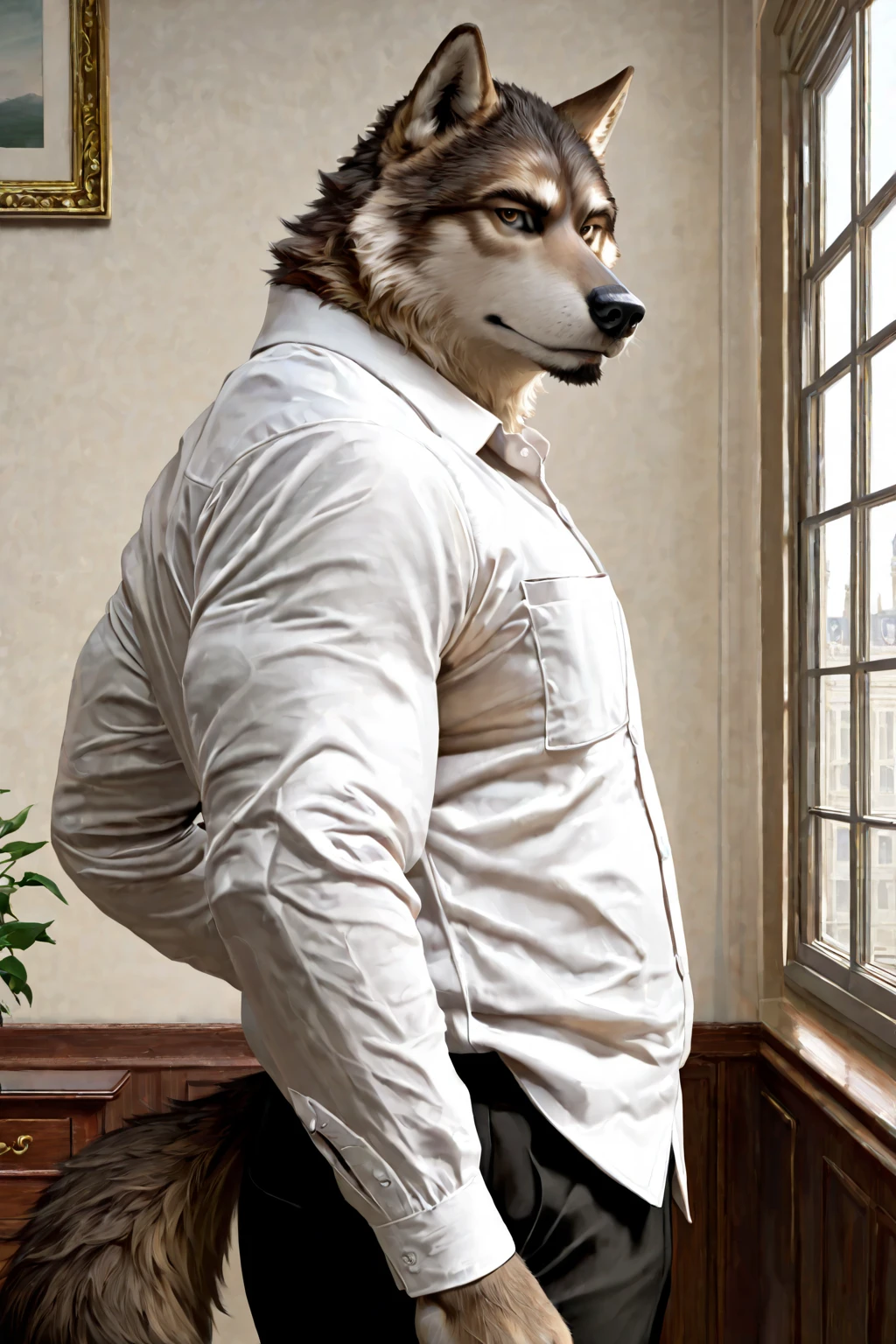 dad male corgi with small blue eyes, no eyebrows, no pants white briefs ,white ankle socks , removing shirt , highly detailed lineart, realistic feet, 4k, best quality, masterpiece,office, vivid colors, physically-based rendering, white hands five finger, hugging
