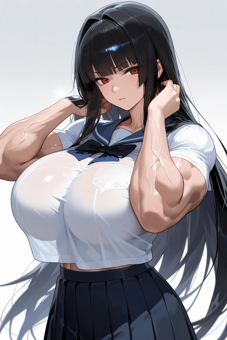 Best quality,8K,ultra high res:1.5),(Pretty very very long ponytail hair tied with red ribbon girl),(Huge breasts:1.20),(very voluptuous body),(very voluptuous thigh),(body builder girl:1.5),(wide muscle:1.8),(light smile),(eyes to camera),(light black hair),(red bra),(grey short skirt),(sexy abdominal muscles),(standing),(black shoes),(nipples),(blue eye ball),(nipples),(naked)