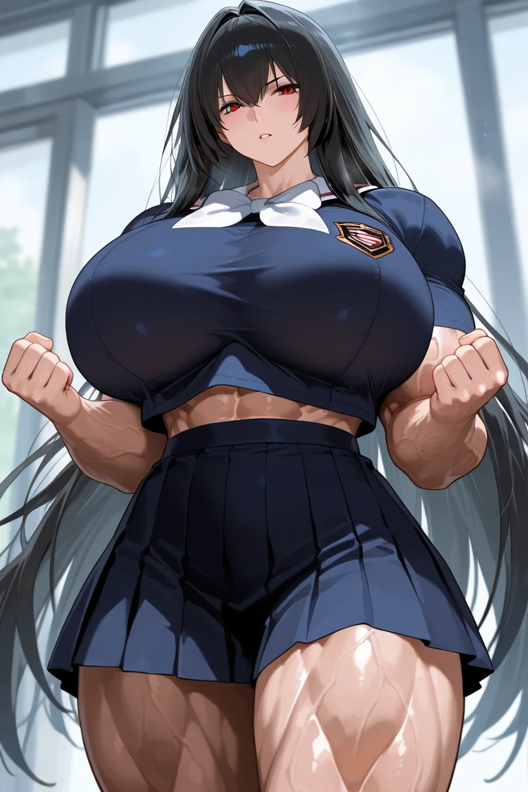Perfect CG unity 8K UHD wallpaper(girl huge gigantic cleavagg bodybuilder muscular very toned body, pale skin, long blue colored hair in pigtails, vibrant glowing orange eyes, long detailed eyelashes) smiling sexy seductive ial expression, blushing, thick thighs, standing in a dynamic pose, wearing school girl uniform and white knee socks, in a classroom, perfect masterpiece, best quality, best resolution, (((Huge breasts))), ((long, ((Female Bodybuilder)), ((((Muscular Legs)))), ((((Huge Muscles))))