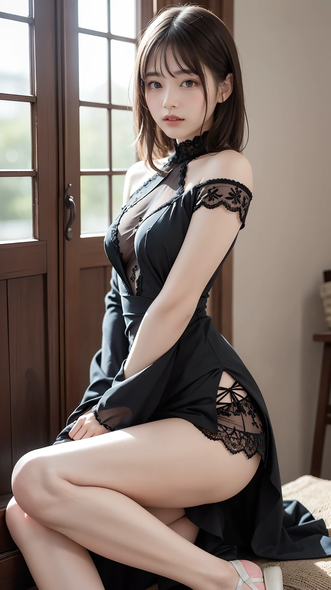 (Highest quality, Very detailed, masterpiece:1.2), 1 female, Very thin body, length, Thin legs, ((Black wavy short hair:1.2)), ((Thick and fluffy bangs)), Very detailedな顔,A faint smile, small, Thin Nose, small thin mouth, Extremely sharply focused eyes, Japanese, Beautiful Face, Realistic eyes, Beautiful and beautiful eyes, Realistic Skin, Beautiful Skin, charm, (Lively Faces), Beautiful Hairstyles,((Victorian Mini Dress)), Gothic design, Creepy and unique hairstyles, High resolution, Vibrant color palette, Turn around、arching the back、Panty shot、Shot from below、