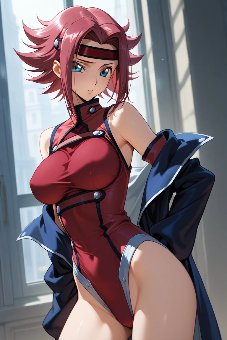 rio, red hair、short hair、black bra、pantyhose、Photo from below、medium chest、Bedroom、((Coat of arms under the belly button))、((Obscene lines))