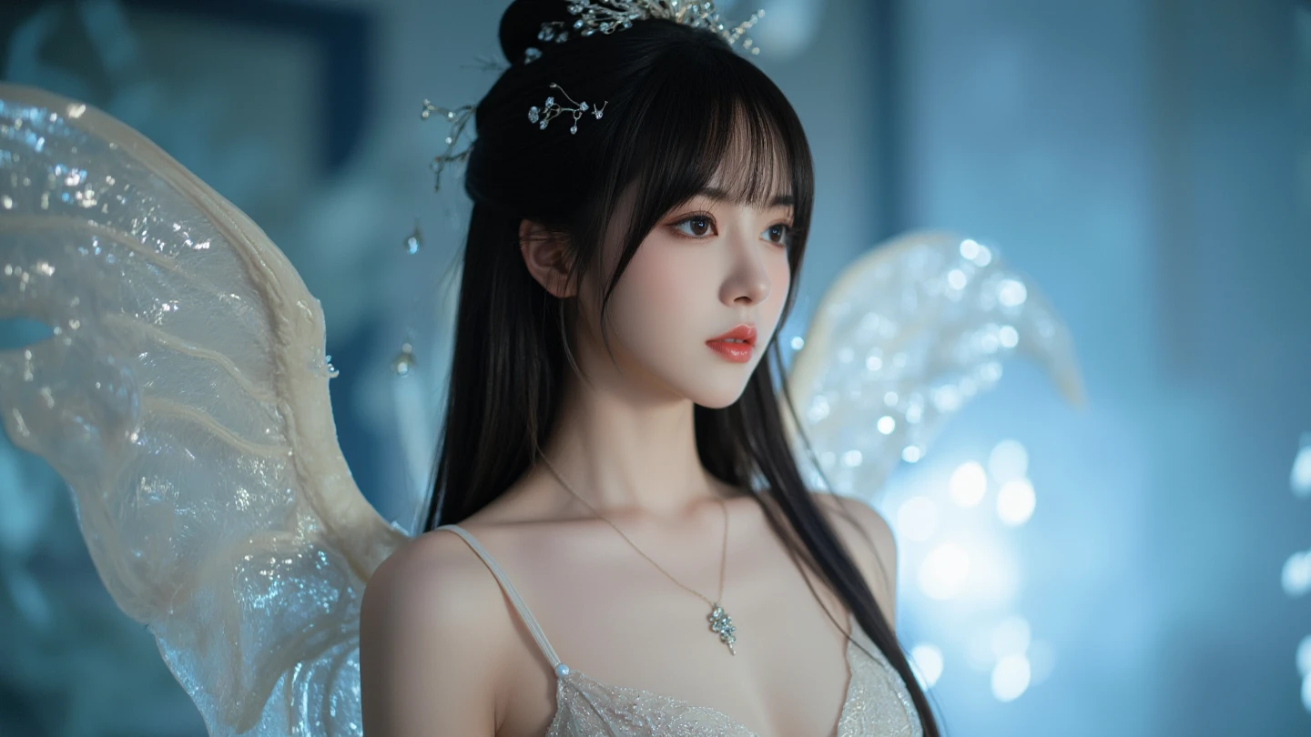 Beautiful angel in a white dress, Chengwei Art Station, halo, white feathers  