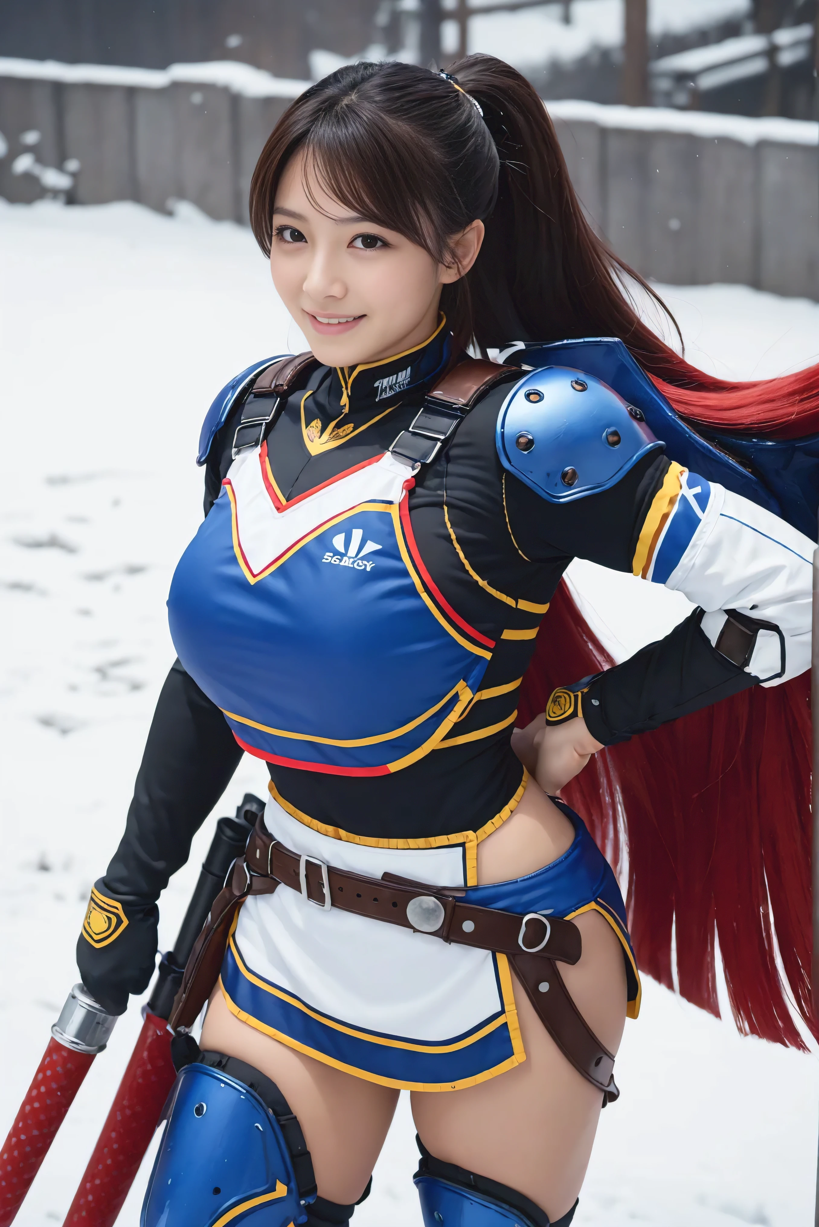 A young Japanese idol-style woman with a small, round face and youthful features. She has natural makeup with a hint of blush and glossy lipstick, wearing a confident and heroic expression. Her hair is auburn, long, and styled in a straight, flowing manner. She has a short and voluptuous build with fair skin, a slim stomach, and a curvaceous figure. She is wearing a detailed SAO Asuna cosplay outfit: a white and red knight's uniform with a short skirt, thigh-high boots, and a silver breastplate. She is standing in a dynamic pose, one hand resting on the hilt of a sword at her side and the other raised as if ready to cast a spell. The background features a fantasy landscape with floating islands and a magical castle in the distance. The camera angle is from a low perspective, capturing her full body and the epic, adventurous atmosphere. The image should be high quality, realistic, and detailed.