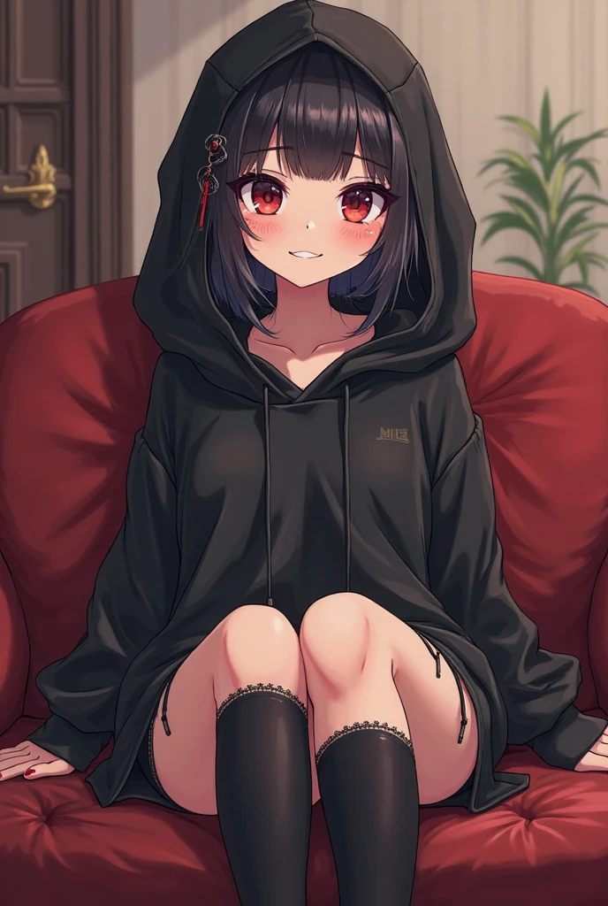 beautiful, (Masterpiece), Best Quality, (extremely detailed face), extremely detailed eyes,  perfect lighting, General detail,(junkotvv) detailed, deep skin,textured skin,
,Bear costume ,black Bear costume, long sleeves, hood up,,mauve , long black fur, Red eyes, big smile,in bed ,sitting between pillows,
,