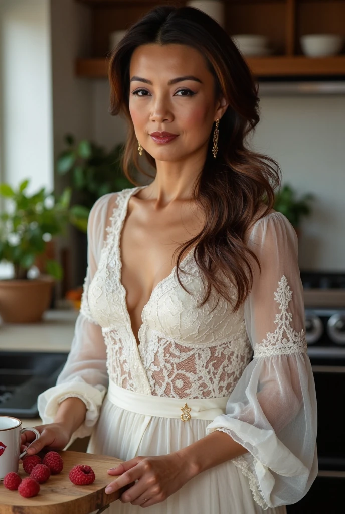 Kelly Hu (age 25), sheer negligee (no underwear), eating a donut crumbs fallen on her breasts, morning sun. dining room with many large windows
