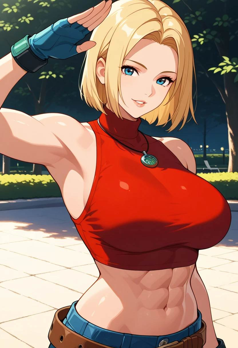 King_of_Fighters_Fatal_Fury_SNK_Blue_Mary_Ryan, big size ass_senos, En pie, solamente, Blue Mary_Camisa roja, cabello rubio corto, cabello amarillo, ojos azules, Obra maestra, La mejor calidad, Cara detallada, ojos detallados, Altas Resoluciones, They smile, feliz, Cerezos en flor, onsen, pecho gigante realista, Punto de vista, bikini azul, grandes pechos, sin censura, topples, pezones