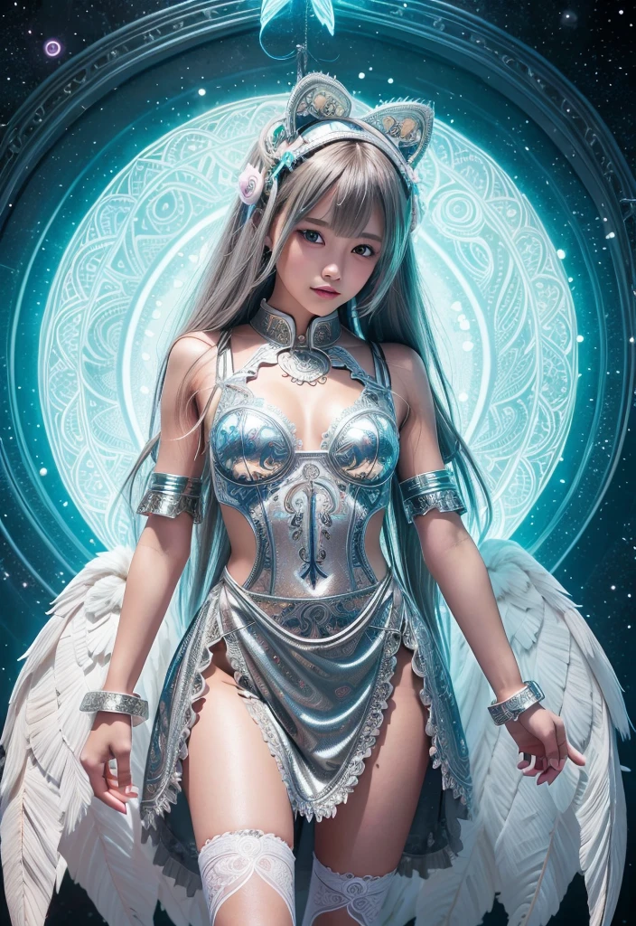 cyborg, girl, beautiful girl, cute, sexy, strong, thin, delicate, smile, (lolita costume), High leg, metallic, ultra color, paisley pattern, headgear, mandala, Near future, heaven, Angel, feather, wing, Helix lamp