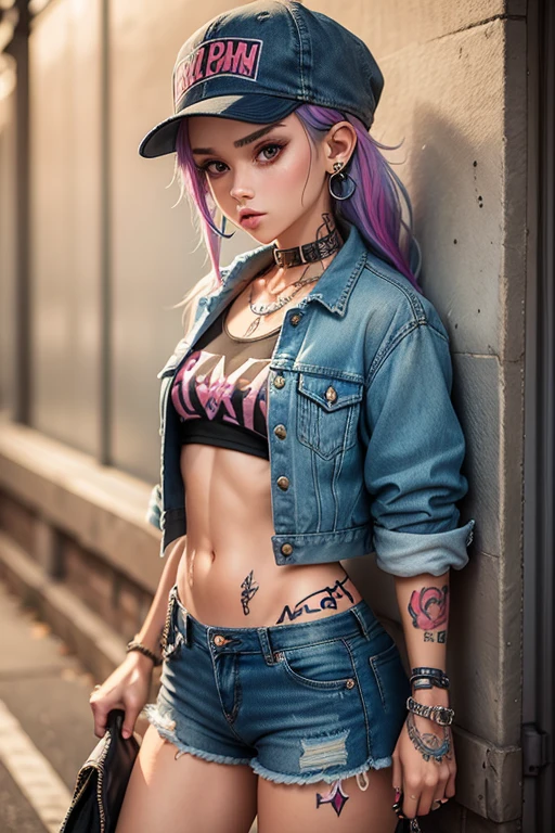 ((ultra realistic)),((ultra detailed)), imagem de uma linda jovem, estilo ousado, estilo rock 'n' roll, messy hair with colorful stripes, rosto perfeito, olhos perfeitos, perfect hands, medium breasts, ela veste camisa de banda de rock e jeans rasgados, she is moderately muscular, ela tem bumbum grande, She's got a tattoo on her neck, she's on the street, night lighting, in a frontal pose with boldness and confidence in the look
