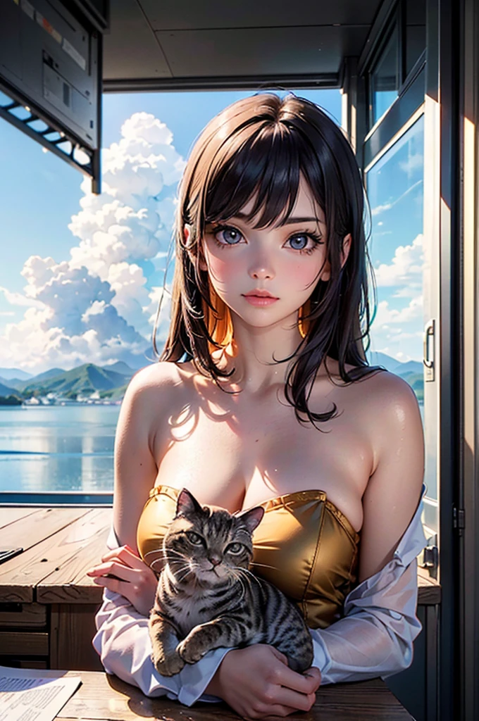 While a traditional teardrop-shaped hot air balloon floats gracefully over Suruga Bay. A white catwoman named Catwoman is relaxing in a natural open-air bath at the foot of Mount Fuji. In the background, the snow-capped and majestic Mount Fuji stands tall. The sky during magic hour is bathed in a golden orange hue. Catwoman is wearing a white bodysuit with cat ears. She is in the large multi-rock bathtubs with complex shapes and block-like shapes, her head back, relaxing.