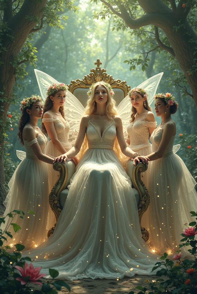 "A full-body shot of a realistic fairytale scene in a magical palace in a beautiful magical forrest, bathed in sunlighting."Beautiful pastel colour pallette." "A fairy queen 1 with realistic striking big blue eyes with eye makeup and a serious, direct gaze at the camera with golden extra long hair." " A Fairy queen 2 with golden-brown long curly hair in a thin light blue dress is standing by clapping her hands, looking at fairy queen1 smiling with her perfect shaped pearly white teeth and pursed lips". "Singing fairy princess with a long white hair in a sheer golden wet transparent dress outfit, big breasts, thin waist, big butt, looks provocative with her mouth almost sedusive at fairy queen 2 laughing." Fairy queen 4"((doing hand stand ))with both hands on floor, wearing a thin blue/green dress" "Her gold delicade fairy-crown, is hanging by the ends of her hair""The lighting is natural and bright, highlighting their features and casting a soft glow around their hair, creating a high-contrast effect that emphasizes the subject's presence. " "Elf king is sitting on a royal chair in a elfie chlothes." "A white rapid sits in on a decorative dining table1:1" "while a rainbow colored bird perches on the top of the thin royal thrown". The scene includes a messy fairy queens in a beautiful and magical forrest palace. "The vast environment paints a magical but weird admosphere". # Configuration settings clip_guidance_scale = 20 # High adherence to the detailed prompt, emphasizing facial features hr_scale = 2.0 # High resolution to capture intricate details in the hair and face. hr scale =2.0 # Perfect human female body. Best hands 1:1, super realistic hair 1:1, hyper realistic eyes 1:1, extra detailed delicate moist skin, most detaled and realistic face 1:1. #A realistic stage with thorough details and clear focus on the queens.
