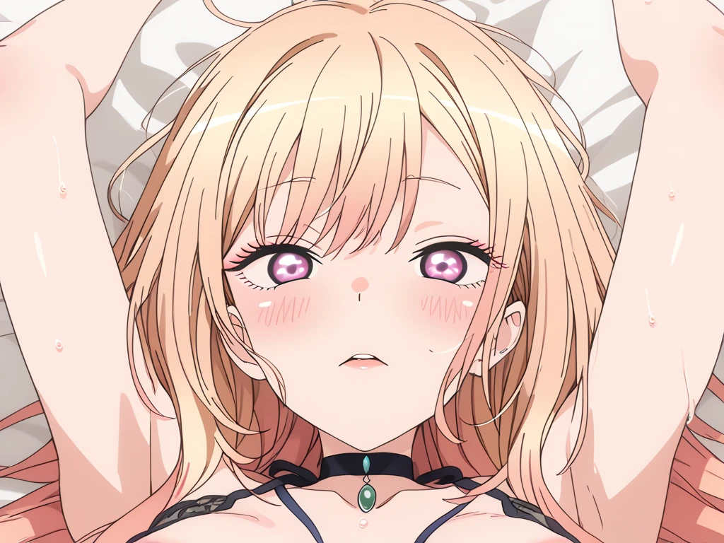 Generate an image of Honami Mochizuki from Project Sekai. She is a high school student with long, straight hair in a blonde color.,with a slight curl. Her side hair is shorter and also slightly curled. She has straight-cut bangs, that frame her forehead. Often, has big, gentle red eyes and a warm, friendly expression. blunt bangs,nsfw,steam,small breasts,sweat,Completely naked,1girl,Gradient with pink tips,close to viewer,masturbation,grab own breasts, lie on one’s back,orgasm