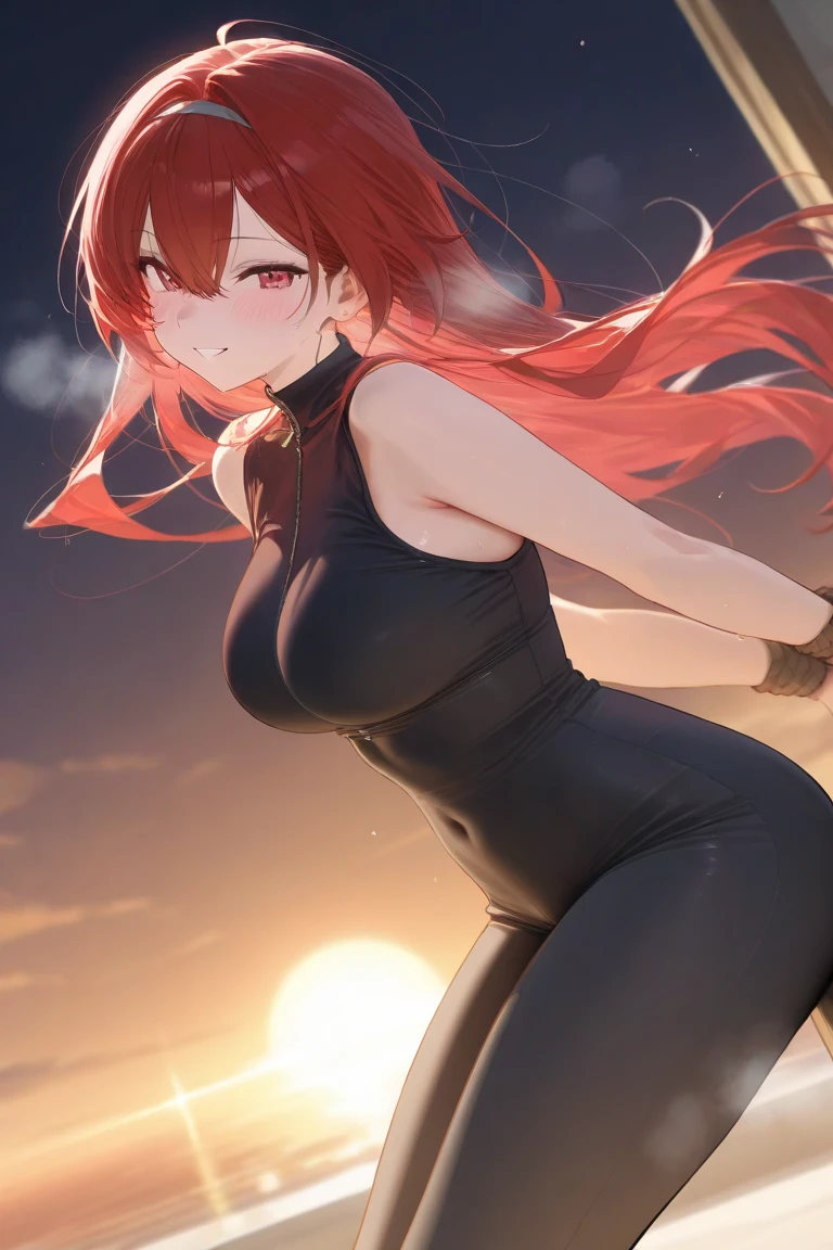 ,anime - style image of a woman in a crop top bikini sitting on a ledge inside a park, character is in her natural pose,on a park,folliage in the background,bushes,plant ,realistic shaded perfect body, seductive Komi shouko portrait, artwork in the style of guweiz, deviantart artstation cgscosiety, commission for high res, [ 4 k digital art ]!!,((makima\(chainsaw man\))), 1girl, red hair,yellow eyes,ringed eyes,braided ponytail blush, , breasts, closed mouth, micro short, cowboy shot, outdoors, highres, (komi-san wa komyushou desu), long hair, looking at viewer, medium breasts, pantyhose,purple eyes, purple hair, red bow, red bowtie, (red skirt:1.4), shirt,solo, striped, striped bow, striped bowtie, swept bangs, white shirt,(huge ass:1.4),(wide hips,narrow waist:1.3), naughty face, flustered, surprised,(masterpiece, best quality:1.4),high quality, highly detailed,detailed,perfect,(Highres), (Detailed Illustration), Ultra-Detailed, Ambient Light, Realistic Shadows, Detailed Face, (Detailed Hair:1.2), Dim Lighting, Indirect Lighting, Reflections, Detailed Face, (Detailed Hair:1.2), (Desaturated:1.4), (Hyper-Detailed Eyes:1.2), (Detailed Hair:1.2), (Hyper-Detailed Eyes:1.4), (Detailed Eyes:1.6)