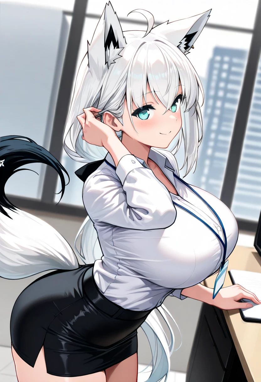 ((exceptional quality)), ((masterpiece)), (detailed), perfect face, perfect eyes, perfect proportions, white hair, white cat ears, white cat tail, gigantic breasts, thick thighs, red eyes, smirking, hair tied into high ponytail, short sleeve crop top shirt, cleavage visible, black latex skirt, standing behind desk, leaning forward slightly, hands on desk, contract on desk, office background, view from front of desk