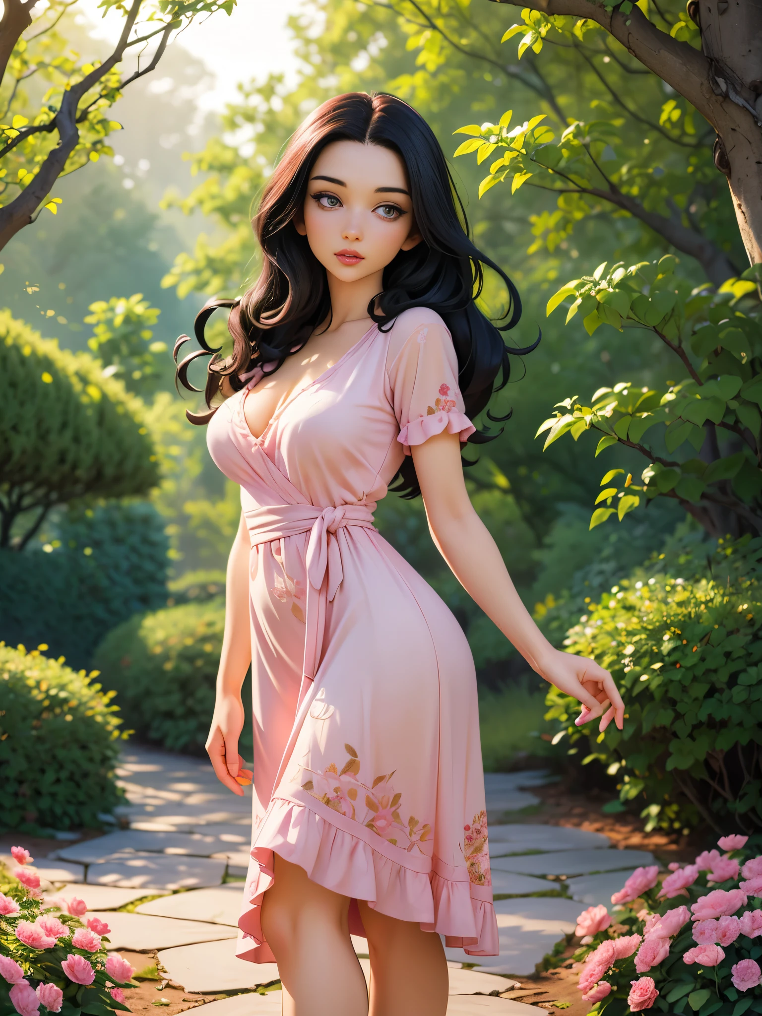 image of a demure loving woman, detailed medium brown hair, bright yellow detailed eyes with long eyelashes, short white dress printed with pink flowers, detailed brown high-heeled sandals. full body image. shoe foot