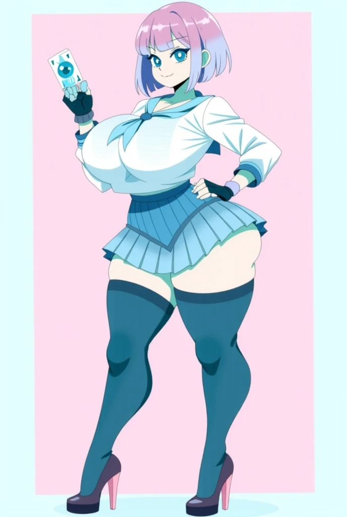 (best quality:1.1),(masterpiece:1.4),(absurdres:1.0), 1girl, blue hair, long hair, black eyes, unusual pupils, black latex bodysuit, nonvisible cleavage, necktie, full body view, big breasts, huge ass, facility, pure white skin, :< face, bright eyes, (chibi:1.3), holding clipboard and pen