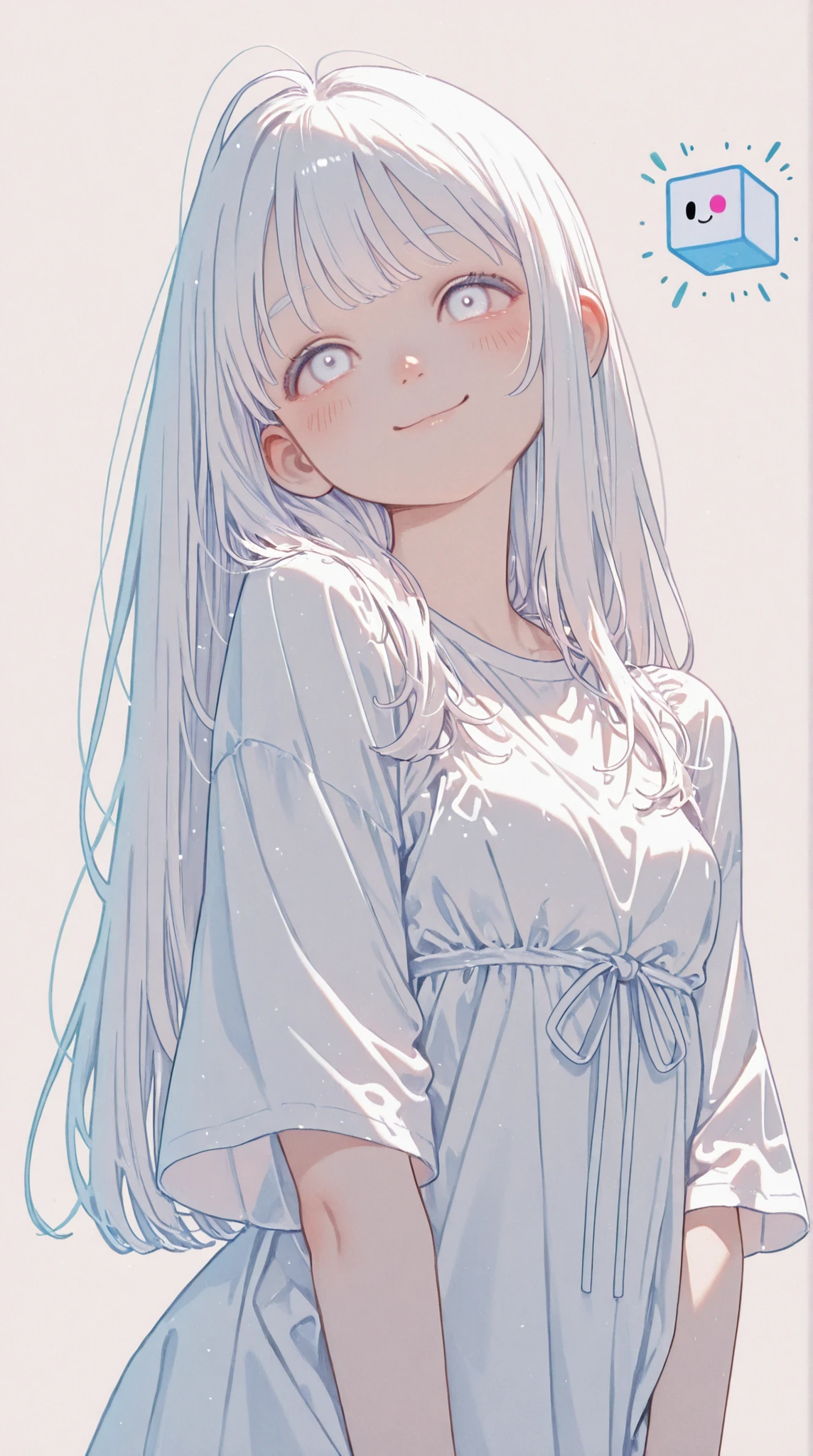(((  white background :1.3)))、(((  1 Albino Girl  、 cute face、 Cute girls))), ************,((( White Eye :1.3)))、white dress、(( White Shirt:1.3、 white block dress)),  tyndall effect ,  realistic, Shadow Studio ,Ultramarine、Can you draw a woman with a nice smile who sings, デュアルトーンCan you draw a woman with a nice smile who sings, ( Expression of skin with attention to detail: 1.2)、薄暗いCan you draw a woman with a nice smile who sings、暗いCan you draw a woman with a nice smile who sings、    Anime Color Natural Small Breasts ,  high resolution, 4K, 8k,  background blur , beautiful fade out、White World、  white background 