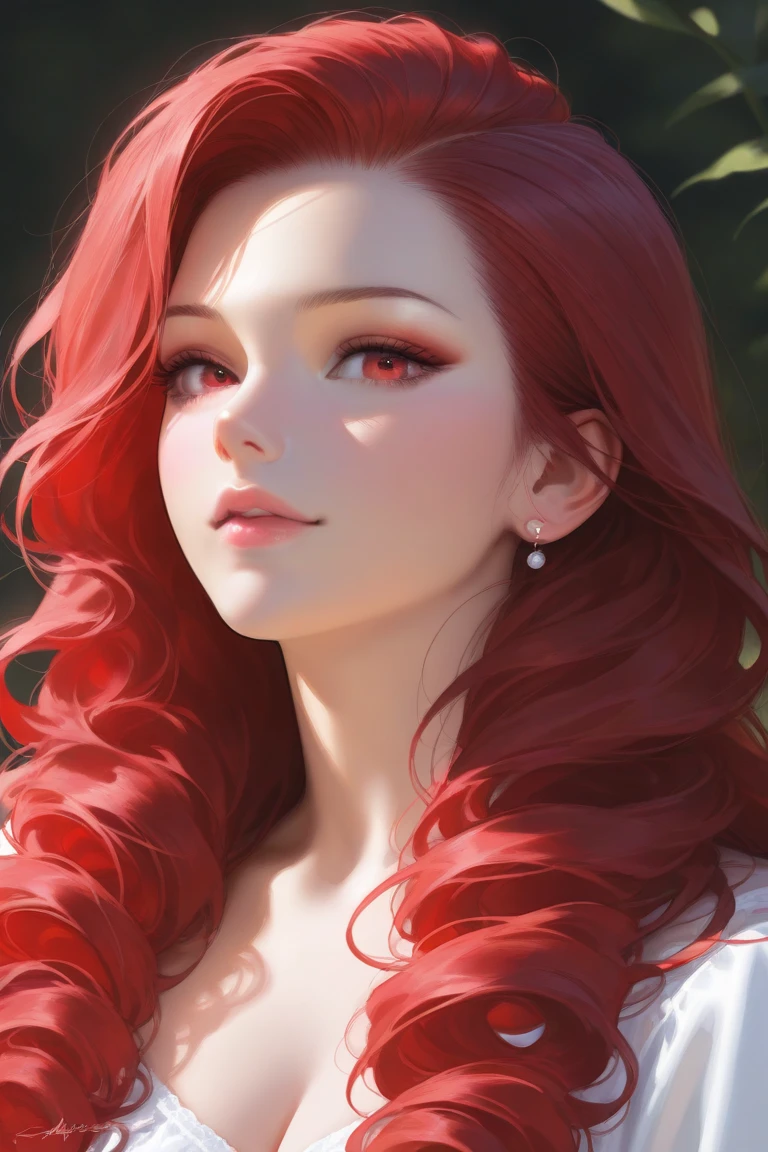a beautiful woman with long red hair, detailed makeup and red lipstick, cleavage, looking at the viewer, (best quality,4k,8k,highres,masterpiece:1.2),ultra-detailed,(realistic,photorealistic,photo-realistic:1.37),studio lighting,vivid colors,bokeh,cinematic portrait,cinematic,dramatic lighting,warm color tones,high contrast