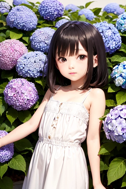 8 year old girl, playing, black eyes, rural landscape, white dress, playing, many flowers