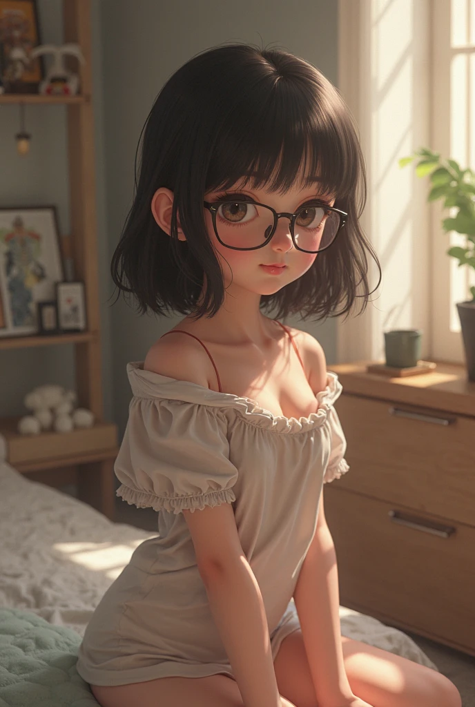 Highest quality, RAW Photos, Realistic, face, Incredibly beautiful girl, cute, length Hair,ponytail，Glasses，Written boundary depth, High resolution, 超detailed, detailed, Very detaileded, extremely detaileded eye and face, Sharp pupils, Realistic students, Sharp focus, Cinema Lighting, Japanese, Short Woman,  Physical build, Short arms, length, Narrow eyes, Fleeting atmosphere, 10 years old, Brown Bob Hair, ((thin唇)), White top and bottom swimsuit, masterpiece, Highest quality, detailedな肌, detailedなface, fine grain, 8K, Excellent ???????, Full body portrait，flat breasts, small breasts, small,( small bust: 1.2), small bust, (slim, small, flat, small), thin, Delicate and sexy collarbone, One Girl, (beautiful girl, Delicate girl:1.3), (10 years old:1.3),
